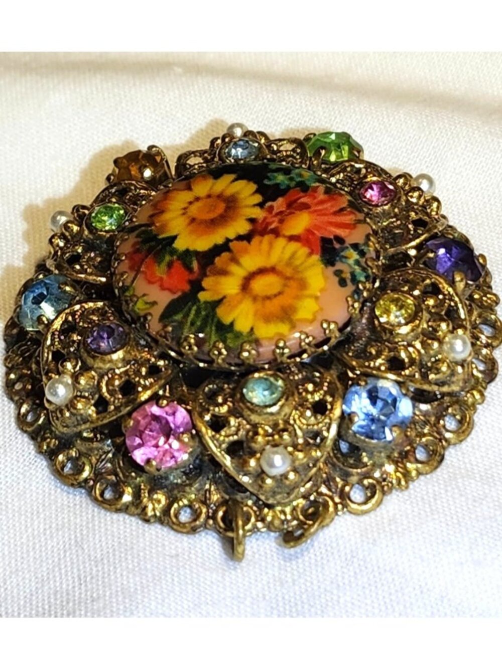 Vintage Gold Tone Floral Pendant Painted Porcelain Center Rhinestone Filigree MC